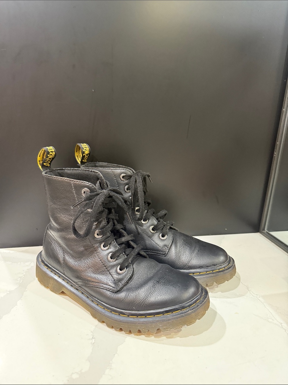 Dr. Martens Black Leather Lace-Up Combat Boots with Yellow Heel Loop